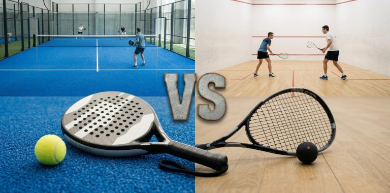 Pala de pádel y raqueta de squash con sus pelotas sobre la pista